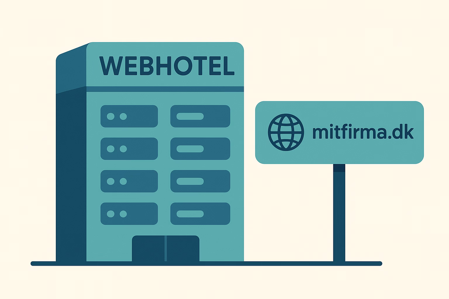 Illustration der viser et webhotel som en bygning eller server og et domænenavn som et adresseskilt.